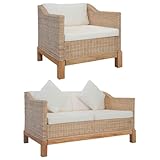 RMIHSJG 2-TLG. Sofagarnitur mit Kissen aus Natur Rattan, Sessel und 2-Sitzer Sofa Set mit 3 Sitzpolstern, 3 Rückenpolstern und 2 Kissen, strapazierfähiger Holzrahmen, waschbare