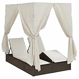 vidaXL Doppelliegestuhl mit Dach und durchsichtigen Vorhängen, braun, Poly-Rattan, für Terrasse und Garten, perfekte Liege zum Entspannen