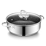BEZIA Schmorpfanne 28 cm hoher Rand, 5,2L Schmortopf mit Deckel, Edelstahl 18/10 Antihaftbeschichtung, Nietfrei Reinigbar, Pfanne für alle Herdarten, Servierpfanne geschmackserhaltend, Backofenfest