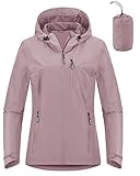 Outdoor Ventures Damen Regenjacke 10000MM Wasserdicht Leichte Gefüttert Packbar Sportjacke Funktionsjacke Atmungsaktiv Fahrrad Jacke mit Kapuze Rosenpulver L