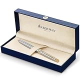 Waterman Hémisphère Füller | Edelstahl mit Zierteile aus 23 K Gold | Füllfederhalter mit mittlerer Feder und blauer Tinte | Geschenkbox