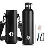 FEIJIAN Trinkflasche Edelstahl 1L mit Karabiner - auslaufsicher Thermosflasche für Kohlensäure Kaffee Tee, BPA-Frei Sport Outdoor Wasserflasche für Sprudel Uni, Schule, Camping, Fahhrad