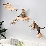 Katzen Kletterwand Set aus Massivholz, LitaiL Extra Stabile Katzenmöbel mit Katzennapf Wand,Katzenliege und Katzenstufen für Wand, 6-teilig, Bis 25KG