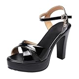 TNMIUH Damen Plateau-Sandaletten, Blockabsatz 10 cm, Knöchelriemen mit Schmuckanhänger, Schwarz Casual Elegant Schnür High Heels Sandaletten,Schwarz,43 EU