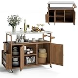 KOMFOTTEU Grillwagen mit Arbeitsplatte aus Edelstahl, Küchenwagen mit Schrank, Handtuchhalter, Gewürzhalter, Servierwagen mit verstellbaren Ablagen, für Picknick, Party