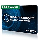 PURISTO® RFID Blocker Karte - DEKRA geprüft - inkl. Lost & Found Service - NFC Schutz für Kreditkarten, EC Karten & Ausweise - Ultra-dünner Data Blocker - Portemonnaie RFID-Blocker gegen Datenklau