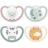 NUK Space Day & Night Babyschnuller | 6-18 Monate | Im Dunkeln leuchtende Schnuller mit zusätzlichen Öffnungen für sensible Haut | BPA-freies Silikon | Zebra & Schaf | 4 Stück