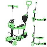 Homewell 3in1 Roller Kinder Scooter mit Abnehmbarem Sitz & Lenker, Kinderscooter mit LED-Rädern für Kinder 2-8 Jahre, Höhenverstellbarer, Stabiler 3-Rad Roller Indoor & Outdoor (Grün)