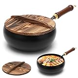 RANJIMA Eisenpfanne Ohne Beschichtung, Japanische Eisenpfanne, 24cm handgeschmiedeter Eisen-Bauchtopf, Bratpfanne Gusseisen mit Holzdeckel, Eisenbratpfanne, Antihaftpfanne, Japanische Pfannen