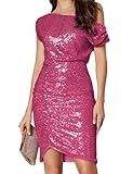 GRACE KARIN Elegant Damen Rosa Pailletten Bleistiftkleid Glänzende Cocktail Partykleider Dunkelrosa L