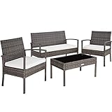 TecTake Poly Rattan Sitzgruppe, Gartenset mit 2 Stühlen, Bank + Tisch mit Glasplatte, Lounge Set für Garten, Terrasse und Balkon (Grau)
