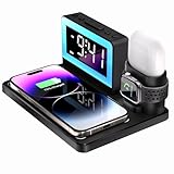 Kabellose Ladestation für Apple, Nachttisch-Ladestation mit 7 Farben, Nachtlicht, mehrere Geräte mit Wecker und Uhr, für iPhone 16/15/14/13/für Apple Watch für Airpod, Schwarz