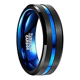 NUNCAD Herren Damen Partner Ring aus Wolfram Schwarz-Blau 8mm mit Blauer Rille für Hochzeit Verlobung Alltag Freizeit Größe 80 (25.4)