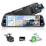 Alpinetech Rückfahrkamera Spiegel mit Wireless CarPlay Android Auto, 9,66 Zoll 2,5K Dashcam Spiegel mit Einparkhilfe Loop-Aufnahme Bluetooth AUX 64G SD-Karte HD Touchscreen, Schwarz