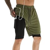 RegaliaKun 2-in-1 Trainingsshorts für Herren, 17,8 cm, leicht, athletisch, Fitness-Shorts mit Kompressionsfutter, Militär, Grün, Groß