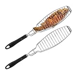 Relaxdays Fischbräter 2er Set, Edelstahl, Gummigriff, 58,5 cm lang, Fischhalter zum Grillen, Grillkorb Fisch, Silber