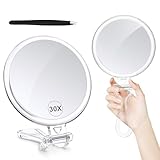 MIYADIVA Make-up Spiegel mit 30X Vergrößerung, doppelseitig (1X/30X), Handspiegel mit Griff – Kosmetikspiegel für Reise, Augenbrauen zupfen & Make-up