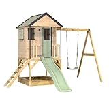 Wendi Toys M50 Stelzenhaus mit Rutsche und Schaukel, Spielhaus aus FSC-Holz für Kinder Garten Outdoor, Podesthöhe 90 cm, 290×350×242 cm, mit 175 cm Rutsche, Sandkasten, wetterfest