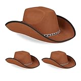 Relaxdays Cowboyhut, 3er Set, Westernhut, Damen & Herren, im Westernstyle, Fasching, Karneval, für Erwachsene, braun