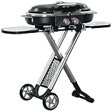 Outsunny 2 Brenner klappbarer Gasgrill 2,34 KW Gas BBQ mit 2 Rädern 2 Metallroste und 2 Beistelltische für Picknick Camping 100x41,6x82,5 cm Schwarz