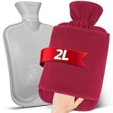 MUPAS Wärmflasche mit Vliesbezug –2L Große Auslaufsicher Bettflasche –Weicher Wärmflaschen mit Känguru Tasche +Naturkautschuk –Hot Water Bag für Kinder & Erwachsene (Rot)