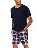 Uniexcosm Schlafanzug Herren Baumwolle Kurz Zweiteiliger Pyjama Set Nachtwäsche Kurzarm Oberteil und Karierte Schlafanzughose Hausanzug Sleepwear A:Dunkelblau L