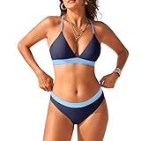 iSLASISIA Damen Bikini Set, Triangel, breites Unterbrustband, Bademode, Badeanzug（Dunkelblau&Blau,EU42）