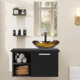 ZealWe Badmöbel Set Waschbecken Waschtisch mit Unterschrank Waschbeckenunterschrank und Spiegel, Badezimmermöbel mit Badezimmerschrank hängend, Wandregal, Aufsatz-Waschbecken(Schwarz Gold)