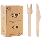 FOOGO Green Einweg-Holzbesteck 200-teilig, 16 cm – 100x Gabeln & 100x Messer – Holzbesteck kompostierbar & biologisch abbaubar – Nachhaltiges Einwegbesteck ideal für Party & Picknick