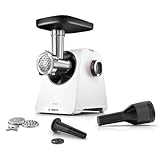 Bosch Fleischwolf Serie 4 MFWS420W, kompakt, 2 Stufen, 2 Lochscheiben (3 & 8mm), Wurststopfer, 10 J Motorgarantie, Planetengetriebe, 1.900 W, weiß/schwarz, Weiss
