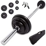 C.P.Sports 25 KG Langhantelset/Hantelset im Koffer - Stahl Langhantel 150 cm / Ø30 mm + Gusseisen Hantelscheiben mit Transportkoffer | Gewichte 2x 5 KG + 2x 3KG + 2x 1 KG + 7 KG Hantelstange