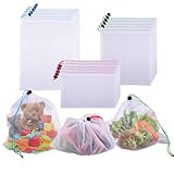 Velicber 15 Stück Obst- und Gemüsebeutel, Wiederverwendbare Netzbeutel, Gemüsebeutel mit Kordelzug, Faltbar Mesh Bag in 3 Größen, Einkaufstasche für Obst und Gemüse zur Aufbewahrung