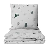 Leonado Vicenti Warme Winter Bettwäsche Set Tannenbaum Weihnachten Grün Grau Flausch Deckenbezug Kissenbezug, 2teilig, 135x200 cm