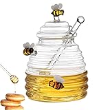 Honigglas Glas Honigspender Glas Honigglas mit Schöpflöffel, Transparentes Glas Honigglas mit Deckel, einzigartiger Honigtopf in Bienenstockform