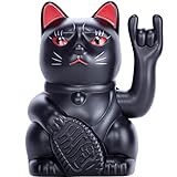 ANGRY CAT - Winkekatze Lucky CAT - rockige, winkende Katze - Rock-Cat - japanische Winkkatze die rockt - Dekoartikel Wackelfigur Katze - Winke-Arm mit Heavy-Metal-Zeichen - 15cm - SCHWARZ-MATT