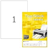 TopStick 8720 Universal Etiketten, 100 Blatt, 210 x 297 mm, 1 pro A4 Bogen, 100 Stück, selbstklebend, bedruckbar, matt, blanko Papier Klebeetiketten Aufkleber, weiß