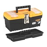 Perel Werkzeugkoffer Kunststoff leer, Werkzeugkasten leer, Werkzeugbox, Werkzeug Organizer Box, Tool Box, 2 Organizer im Deckel, Metallverschluss, schwarz/orange, 320 x 155 x 139 mm