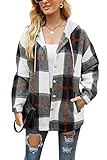 HVEPUO Flanellhemd Damen Kariert mit Kapuze Hemdjacke Knöpfen Langarm Hoodie Shacket Frauen Karierte Jacke Holzfällerjacke Mit Brusttaschen Schwarz S