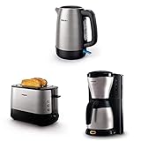 Philips HD9350/90 Wasserkocher (2200 Watt, 1.7 Liter) [Energieklasse A+++] + HD2637/90 Toaster (7 Stufen, Brötchenaufsatz, Stopp-Taste, 1000 W) + HD7546/20 Gaia Filter-Kaffeemaschine mit Thermo-Kanne