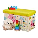 Relaxdays Sitzbox Kinder, Faltbare Aufbewahrungsbox mit Stauraum, Deckel, Motiv Tiere, Jungen & Mädchen, 50 Liter, gelb