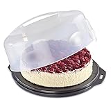 Xavax Kuchen-Transportbox rund mit Deckel Kuchenbehälter 31,5 cm Durchmesser, Innenhöhe 8 cm,Kuchenbox mit Stückeinteilungshilfe,Tortenplatte anthrazit, Transparent