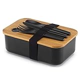 Bento Lunch Box 1000ml mit 3-teiligem Besteck-Set - auslaufsichere Lunchbox im japanischen Stil Schule & Arbeit, für Kinder & Erwachsene, BPA-frei - Box mit Bambusdeckel für den Transport von Speisen