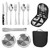 Camping Portable Edelstahl Besteck Set Travel Camping Geschirr Set Camping Cutlery Set 2 Personen Reisebesteck Gabeln Löffel Messer Teller mit Reißverschluss Fall für Wandern Camping(Schwarz)