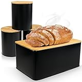 WENKO Brotkasten Schwarz [Luftdichter Deckel aus Bambus] Brotbox zur Brotaufbewahrung inkl. 3-er Set Vorratsdosen mit Deckel für Lebensmittel, Brot Aufbewahrungsbox, Bread Box, Brotkasten Metall