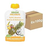 FRECHE FREUNDE Bio Quetschie Apfel, Banane, Ananas & Kokosnuss, Fruchtmus im Quetschbeutel für Babys ab dem 6. Monat, glutenfrei & vegan, 6-er Pack (6 x 100g)