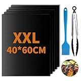 GROFIS 5er Set BBQ Grillmatte für Gasgrill, 60x40cm Antihaft Grillmatten aus Teflon, Backmatte Backpapier Wiederverwendbar, Grillplatte mit Pinsel & Clip, Zuschneidbar Dauerbackfolie für Holzkohle