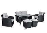 Tarrington House Sofa Set, Stahl/PE-Rattan/Glas, 1x Tisch, 2X Polsterhocker, 2X Sessel, 1x 2-Sitzbank, inkl. Kissen, schwarz, 6 tgl.