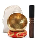 Tibetische Klangschale 8cm Set – Handgehämmert aus Messing mit Holzklöppel Kissen Aufbewahrungsbeutel – Für Meditation Yoga Achtsamkeit Heilung