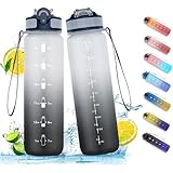 NAVTUE Trinkflasche, 1l Wasserflasche mit Strohhalm, BPA-frei, Zeitmarkierungen, Auslaufsicher Sport trinkflasche für Fitness, Radfahren, Büro, Laufen, Fitnessstudio, Yoga (SchwarzGrau)