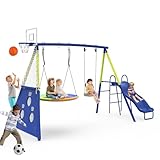 Redkid Schaukel-Sets für den Garten, Schaukel und Rutsche Set, Tragfähigkeit 440lbs 5 in 1 Outdoor-Schaukel-Set mit Rutsche, Untertasse Schaukel, Schaukel Sitz, Fußballtore und Basketballkorb